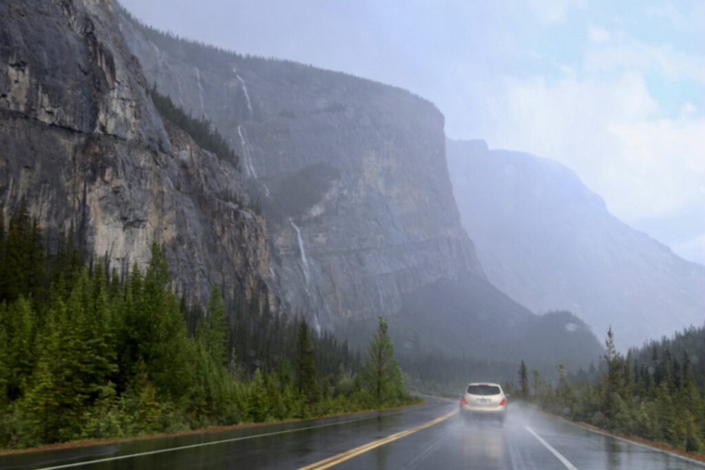 Driving Down The Icefields Parkway In The Rocky Mountains, Canda
